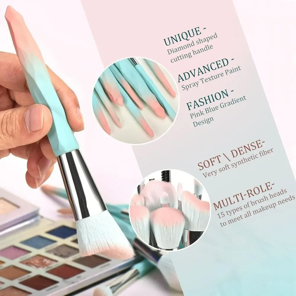 18 Pcs Pink Blue Gradient Soft Synthetic Fiber Makeup Brushes And Sponges Set